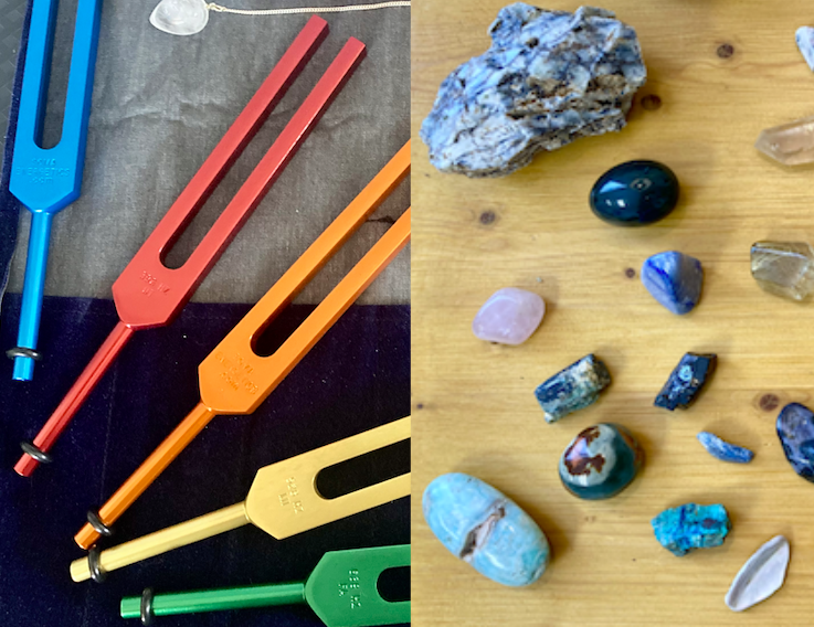 Colorful Solfeggio tuning forks and healing crystals
